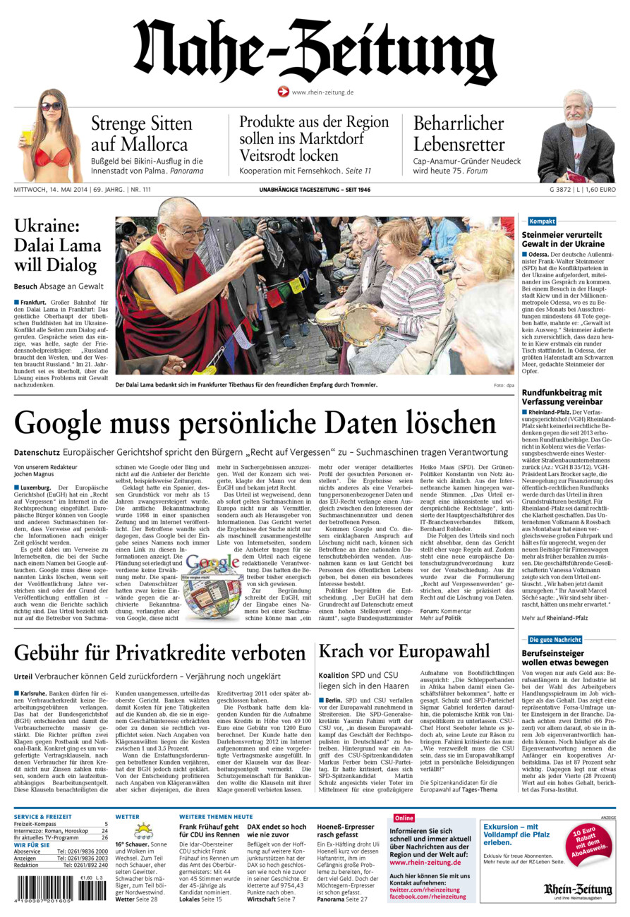 Nahe-Zeitung vom Mittwoch, 14.05.2014