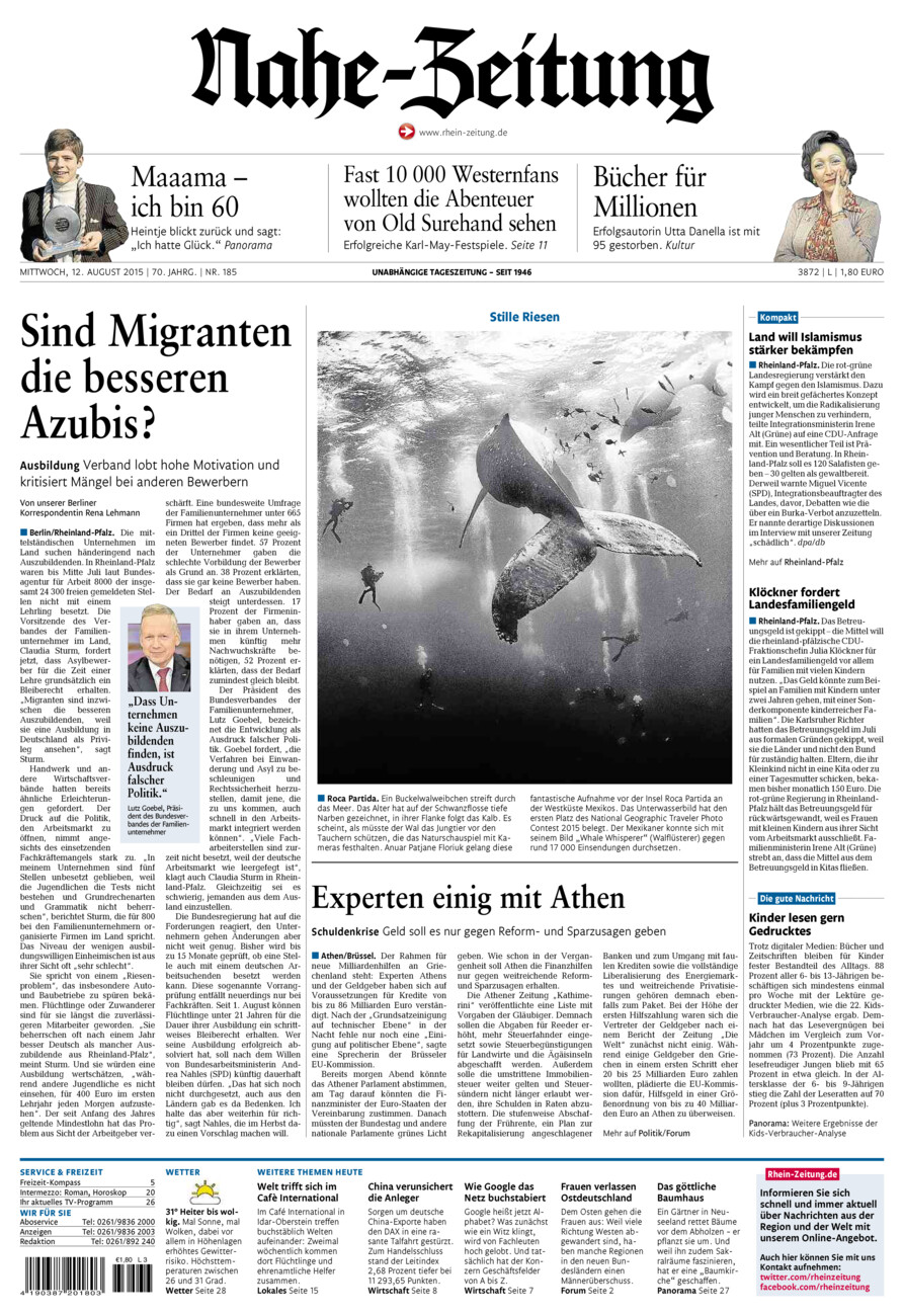 Nahe-Zeitung vom Mittwoch, 12.08.2015