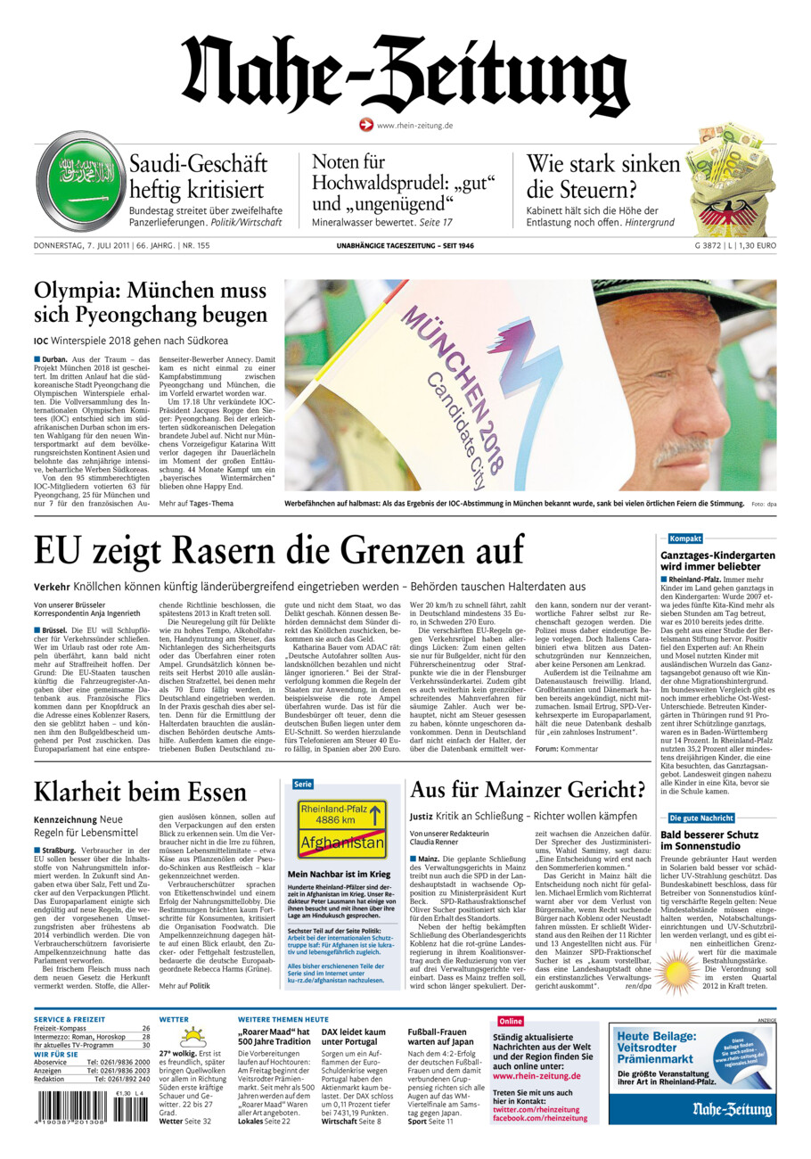 Nahe-Zeitung vom Donnerstag, 07.07.2011