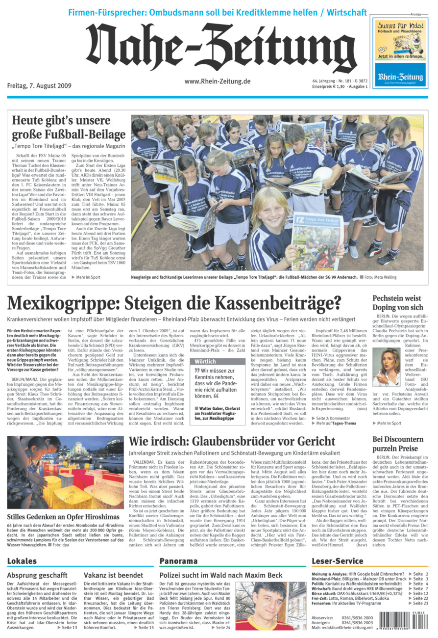 Nahe-Zeitung vom Freitag, 07.08.2009