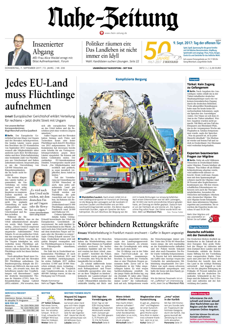 Nahe-Zeitung vom Donnerstag, 07.09.2017