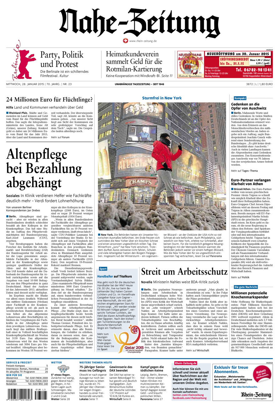 Nahe-Zeitung vom Mittwoch, 28.01.2015