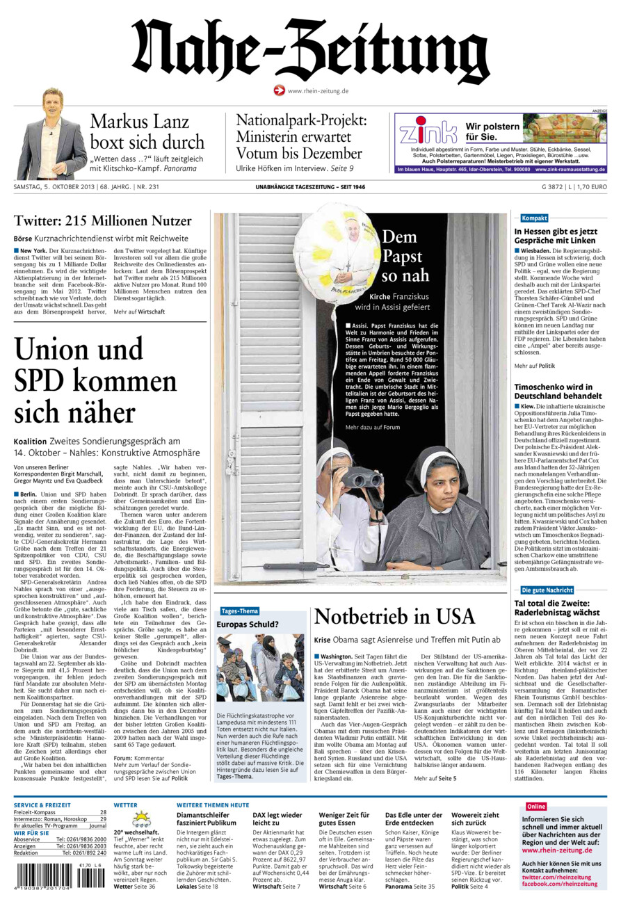 Nahe-Zeitung vom Samstag, 05.10.2013