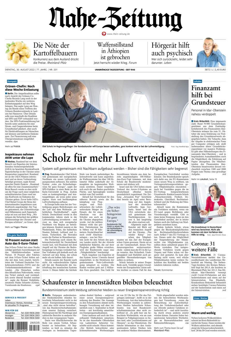 Nahe-Zeitung vom Dienstag, 30.08.2022
