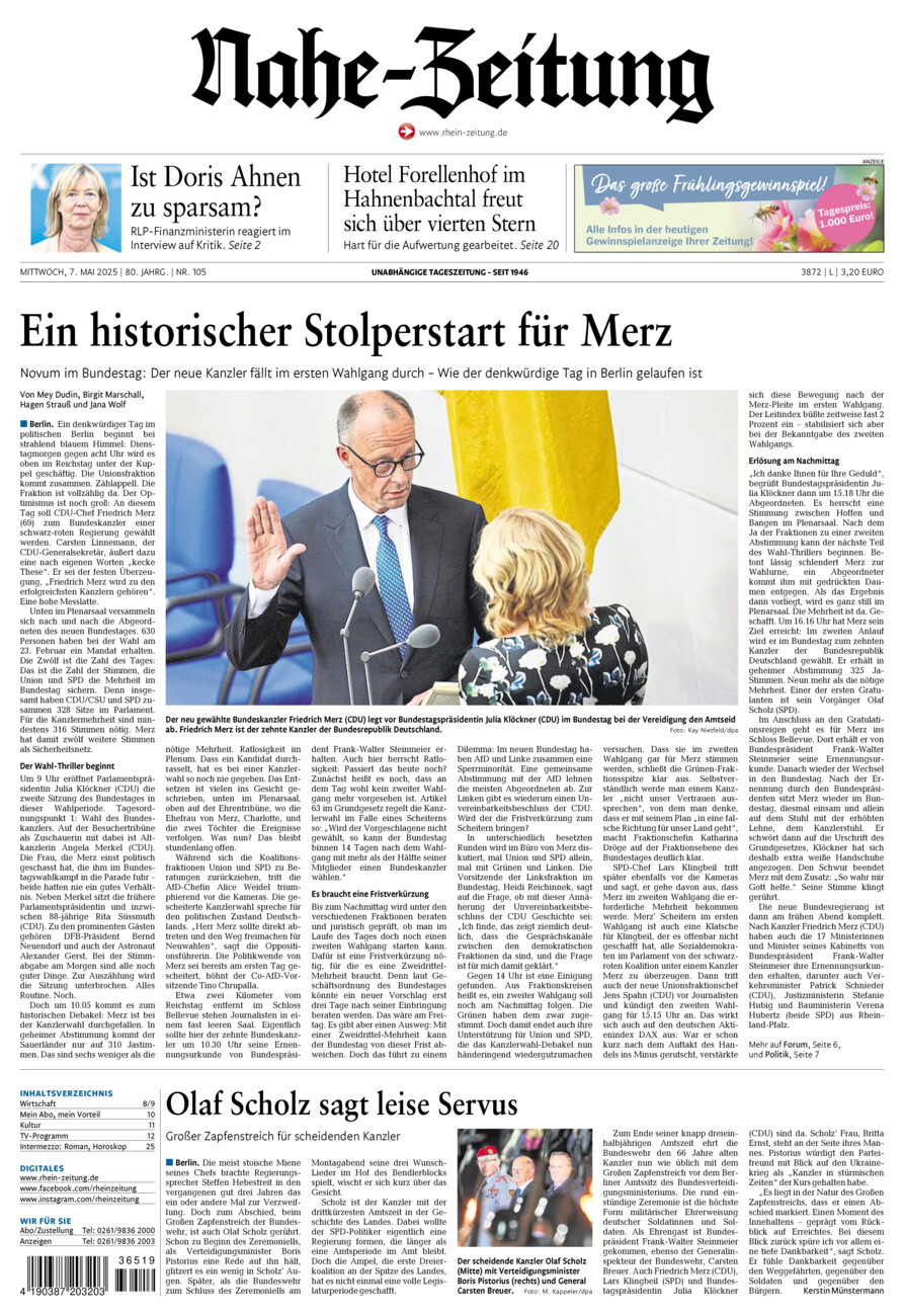 Nahe-Zeitung vom Mittwoch, 07.05.2025