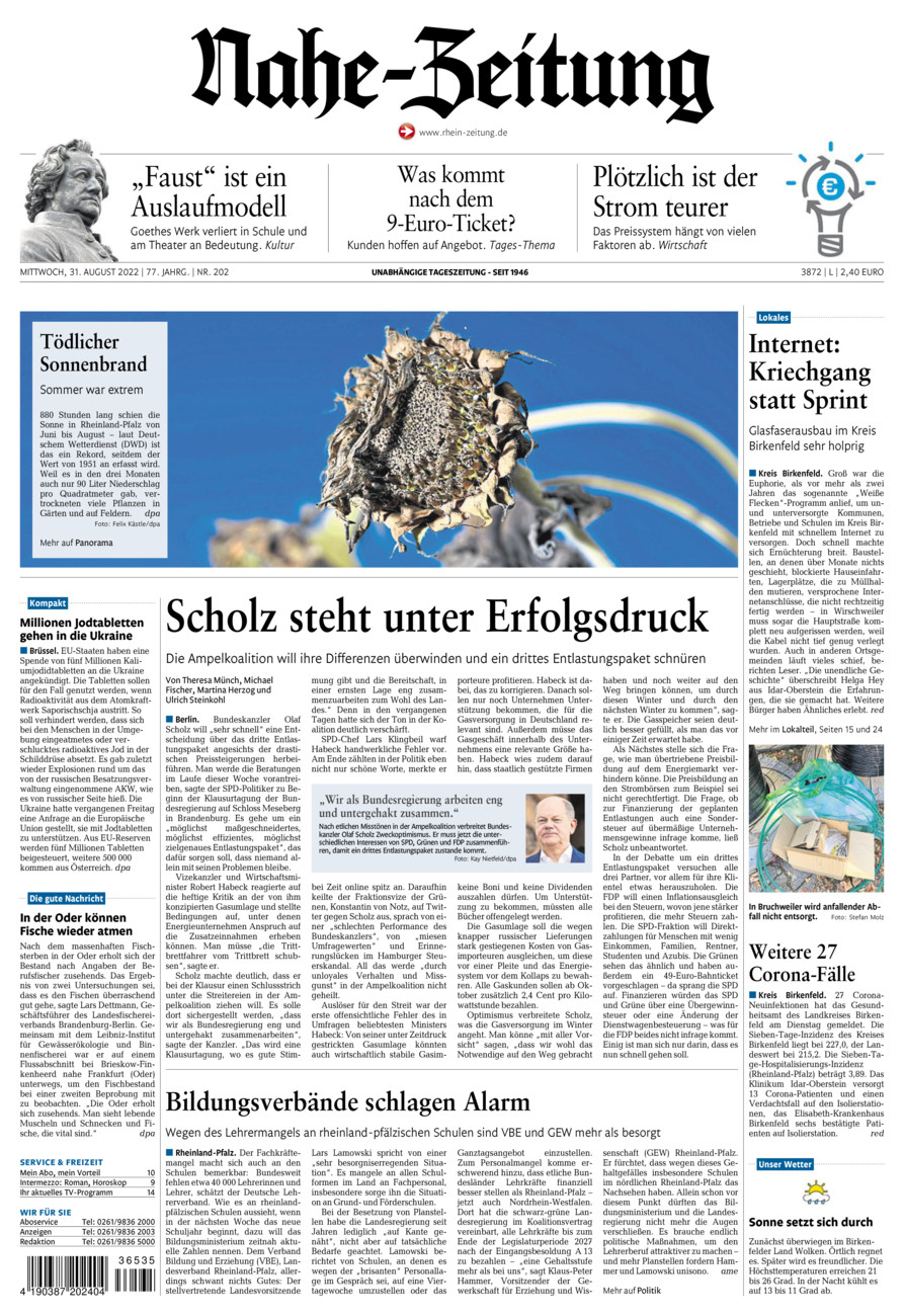 Nahe-Zeitung vom Mittwoch, 31.08.2022