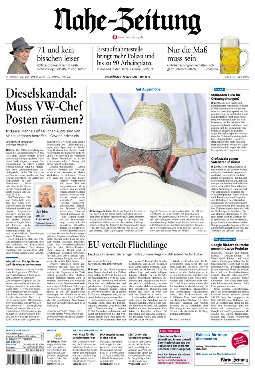 Nahe-Zeitung vom Mittwoch, 23.09.2015