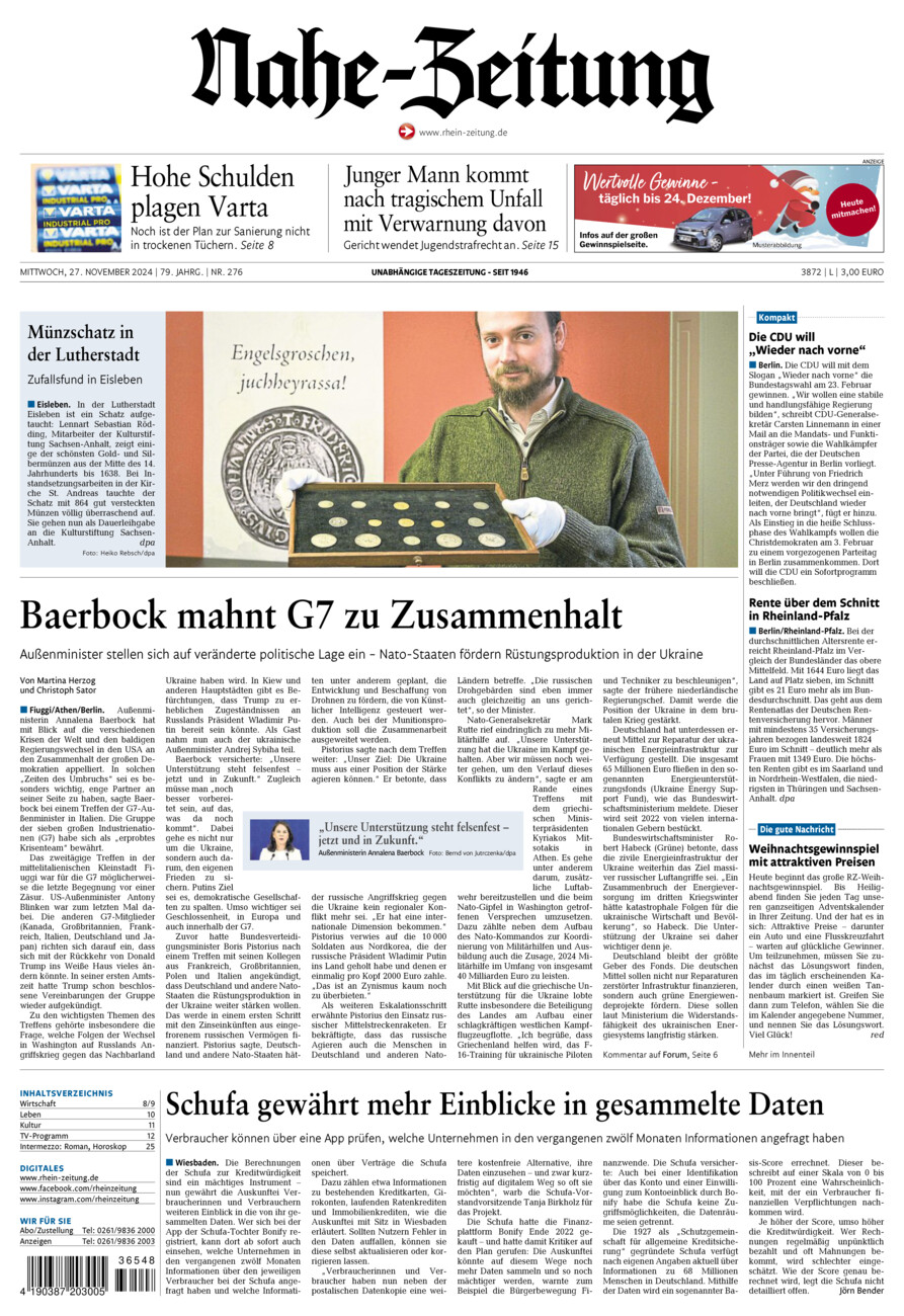 Nahe-Zeitung vom Mittwoch, 27.11.2024