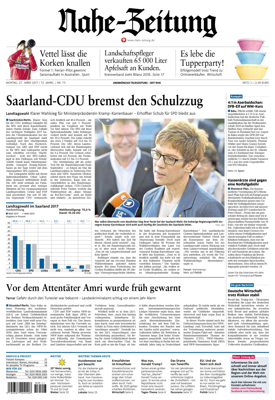 Nahe-Zeitung vom Montag, 27.03.2017