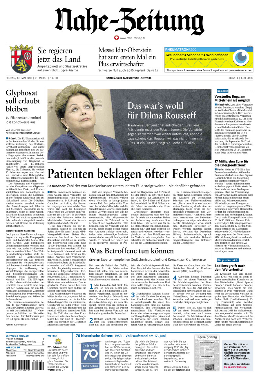 Nahe-Zeitung vom Freitag, 13.05.2016