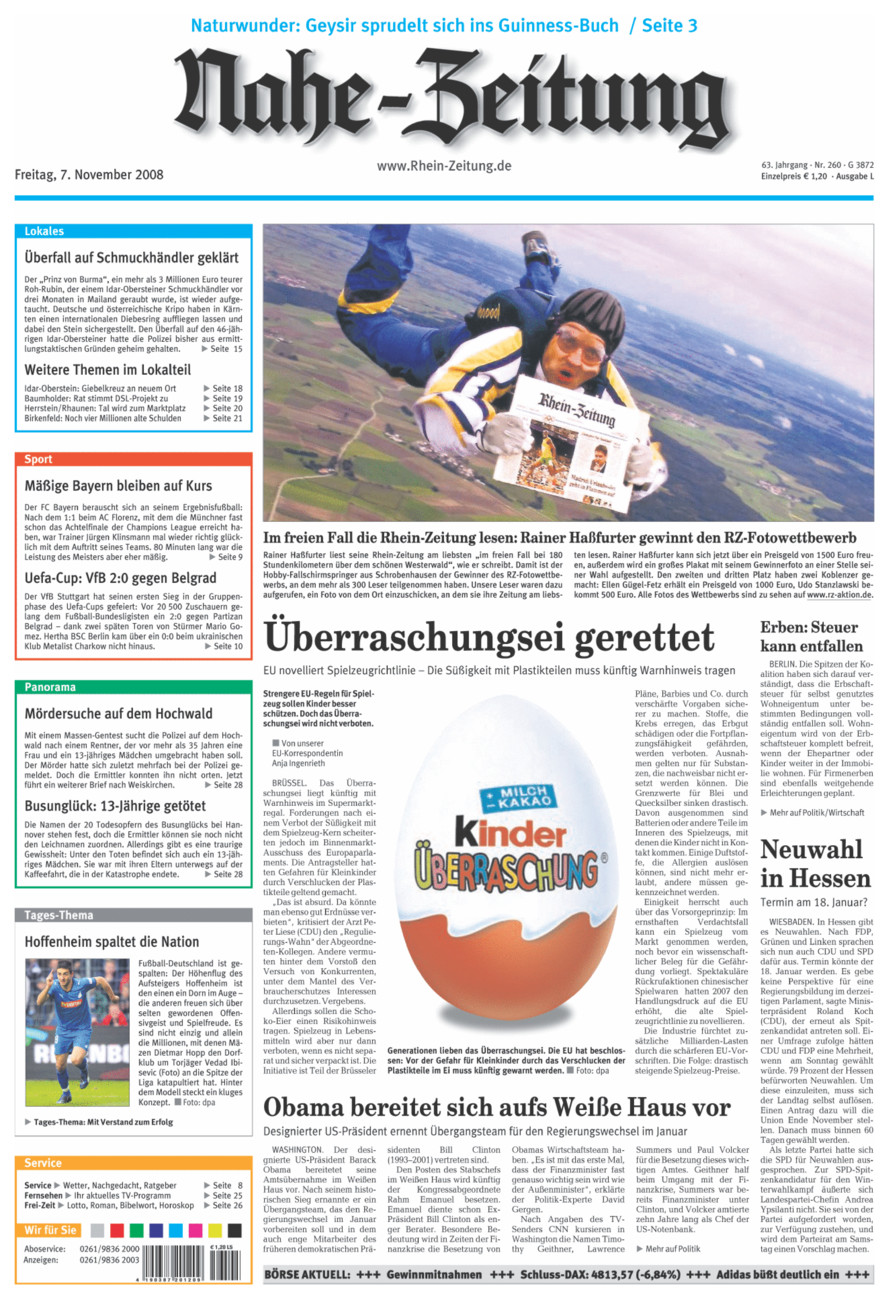 Nahe-Zeitung vom Freitag, 07.11.2008