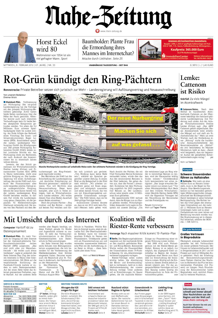 Nahe-Zeitung vom Mittwoch, 08.02.2012