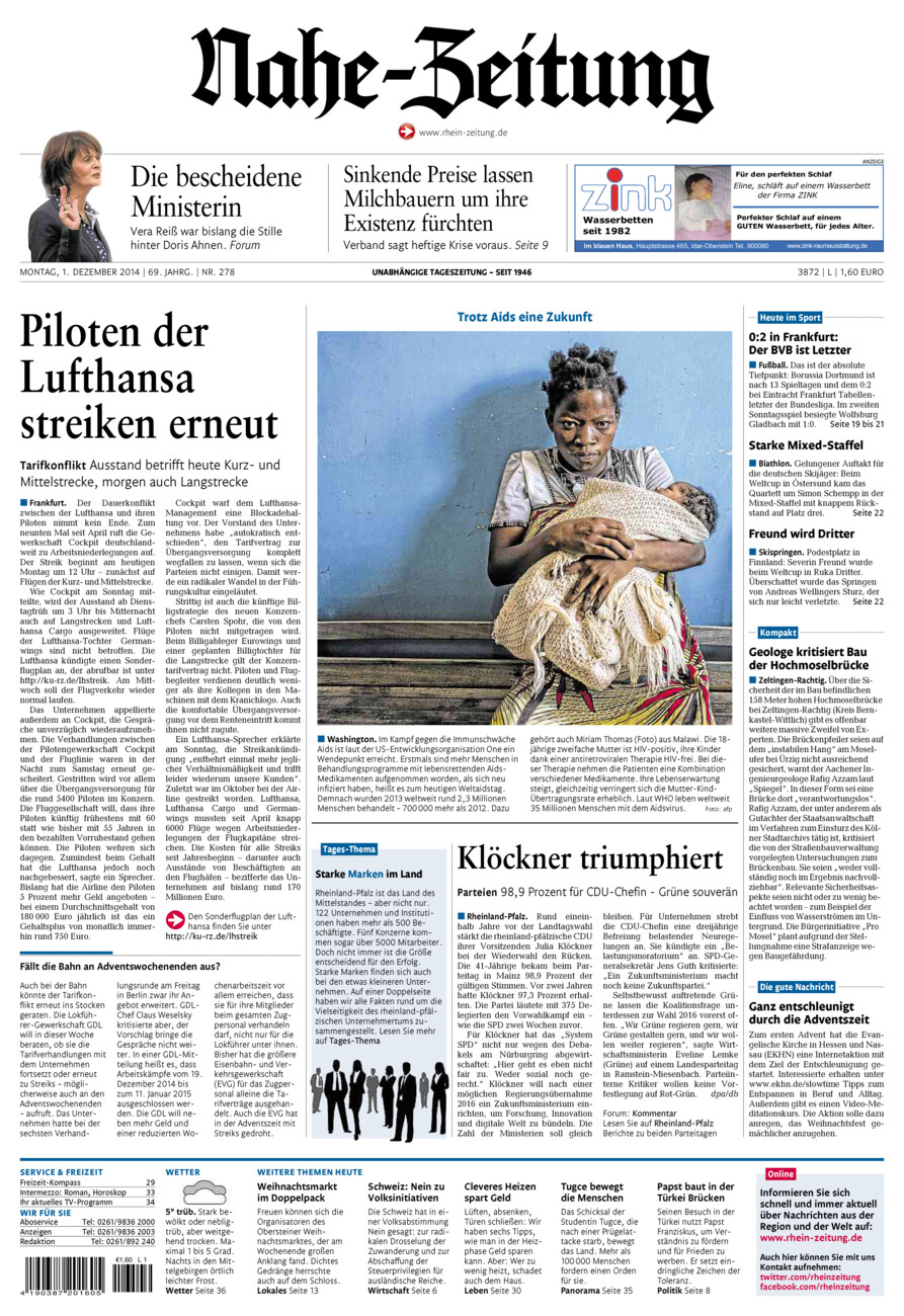 Nahe-Zeitung vom Montag, 01.12.2014