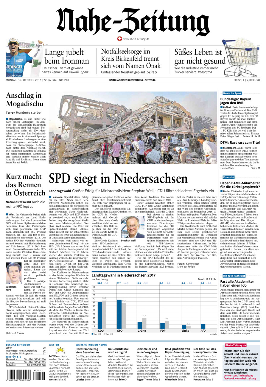 Nahe-Zeitung vom Montag, 16.10.2017