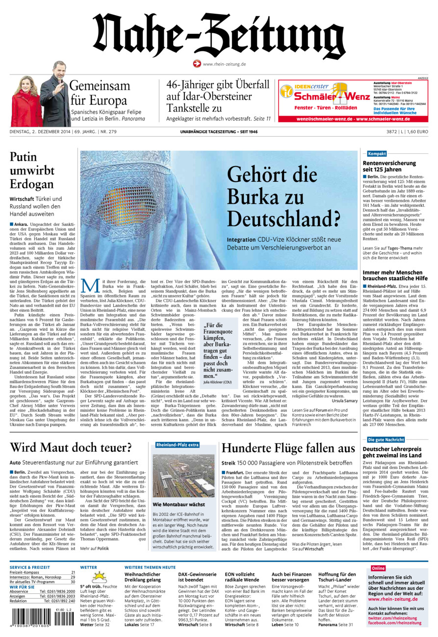 Nahe-Zeitung vom Dienstag, 02.12.2014