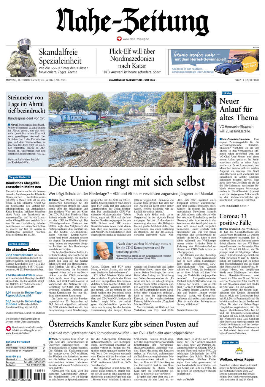 Nahe-Zeitung vom Montag, 11.10.2021