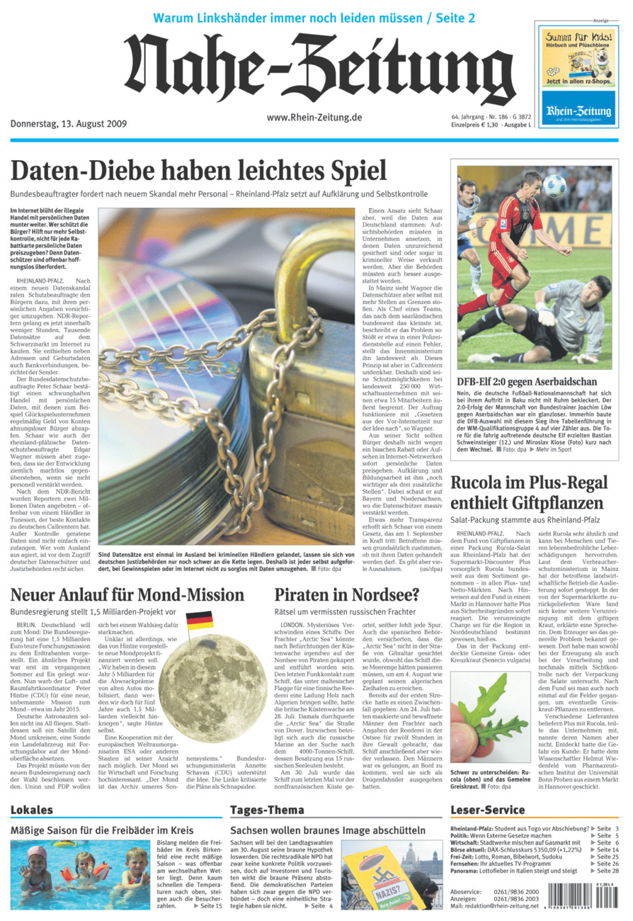 Nahe-Zeitung vom Donnerstag, 13.08.2009