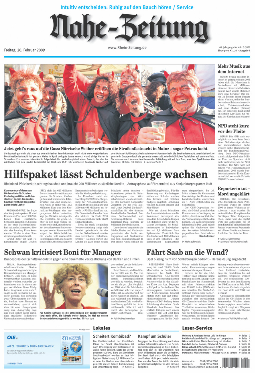 Nahe-Zeitung vom Freitag, 20.02.2009