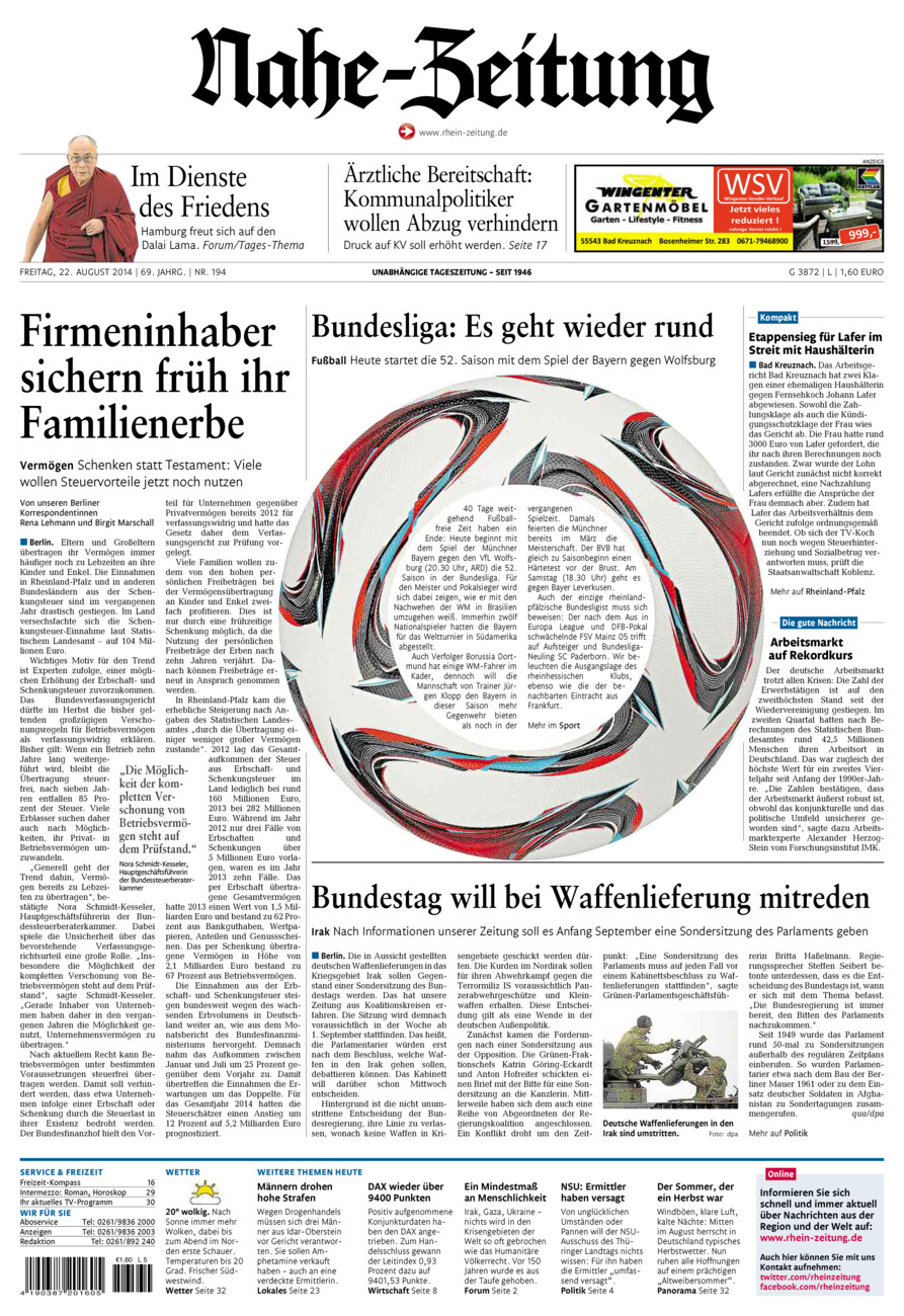 Nahe-Zeitung vom Freitag, 22.08.2014
