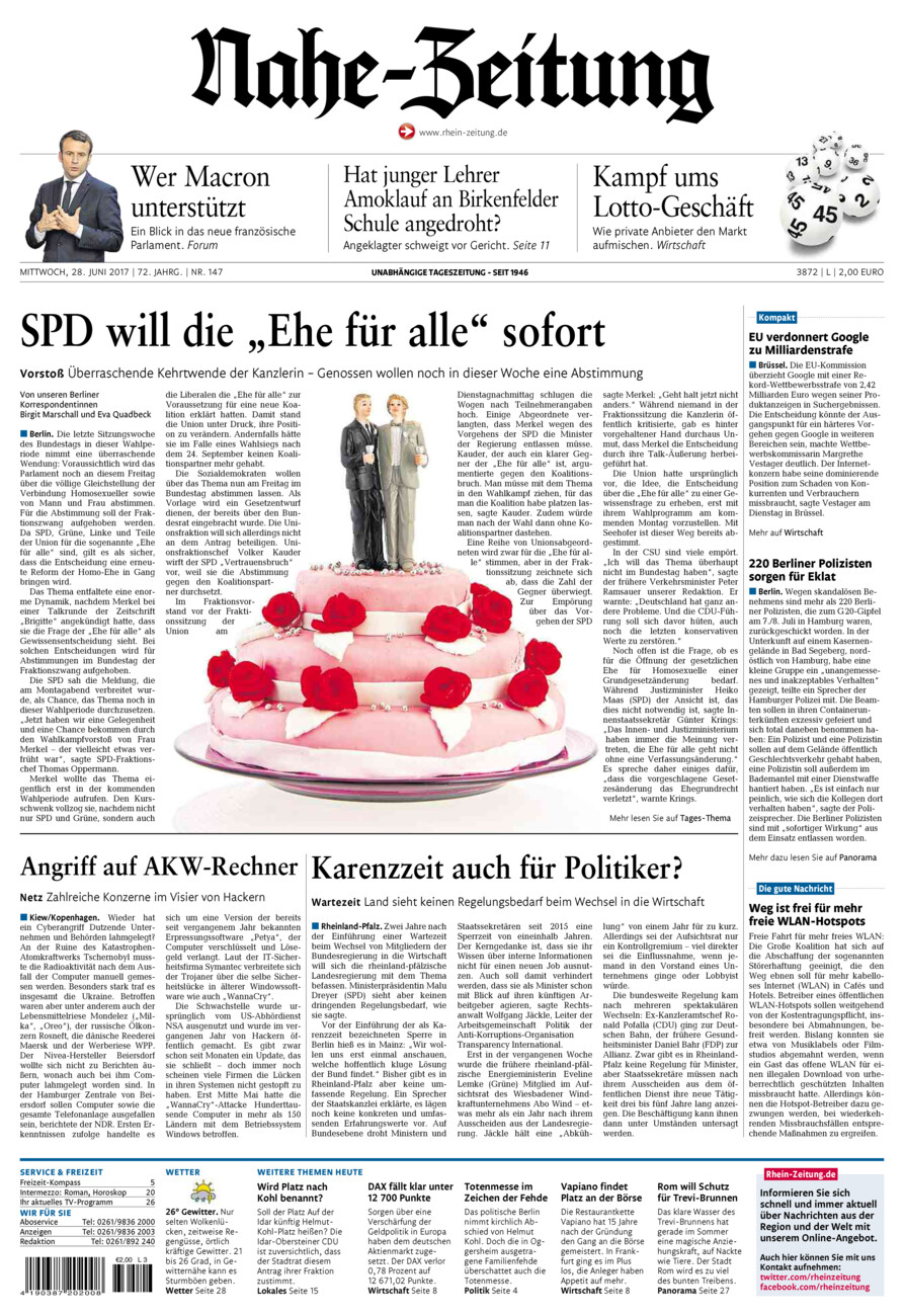 Nahe-Zeitung vom Mittwoch, 28.06.2017
