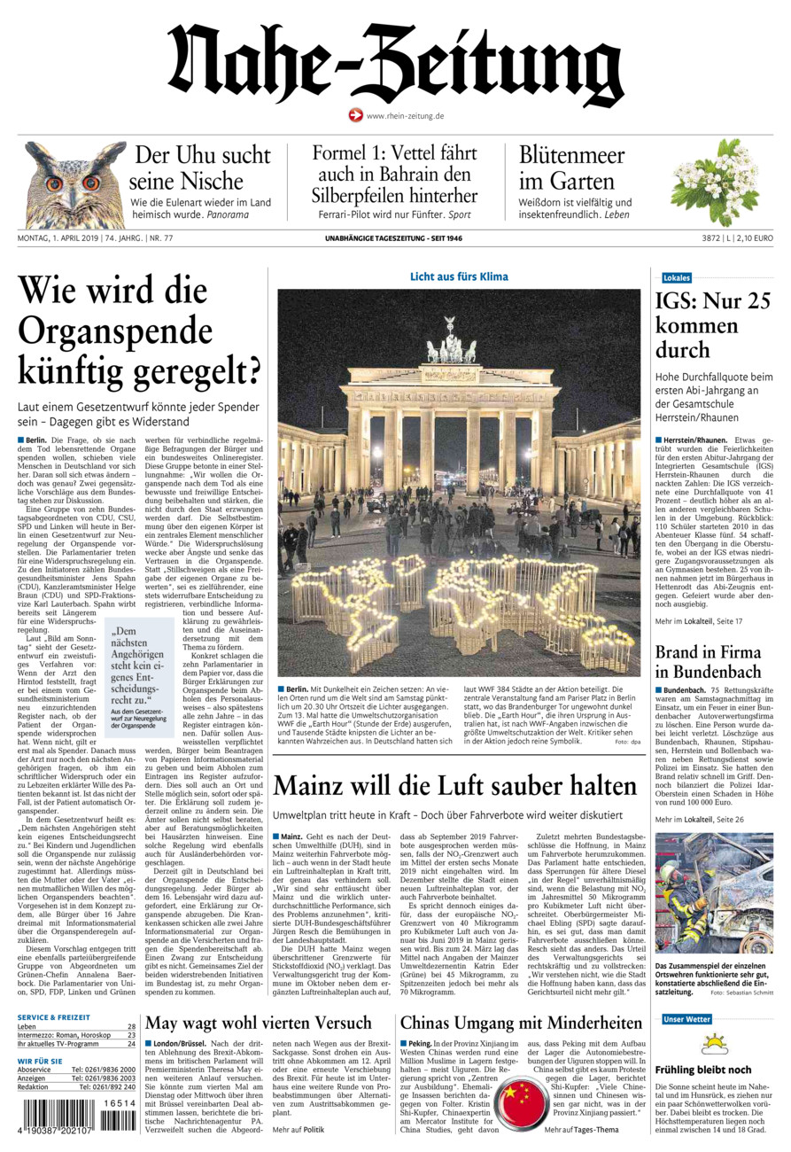 Nahe-Zeitung vom Montag, 01.04.2019