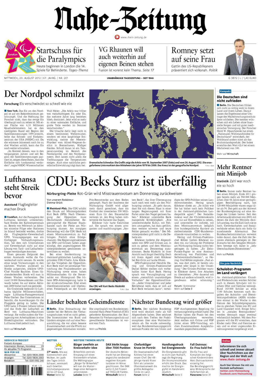 Nahe-Zeitung vom Mittwoch, 29.08.2012