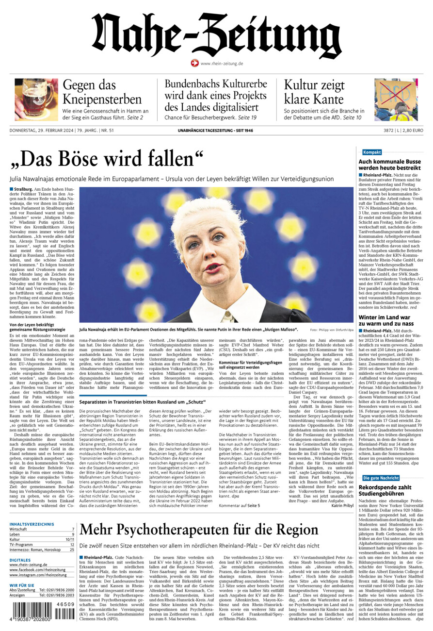 Nahe-Zeitung vom Donnerstag, 29.02.2024