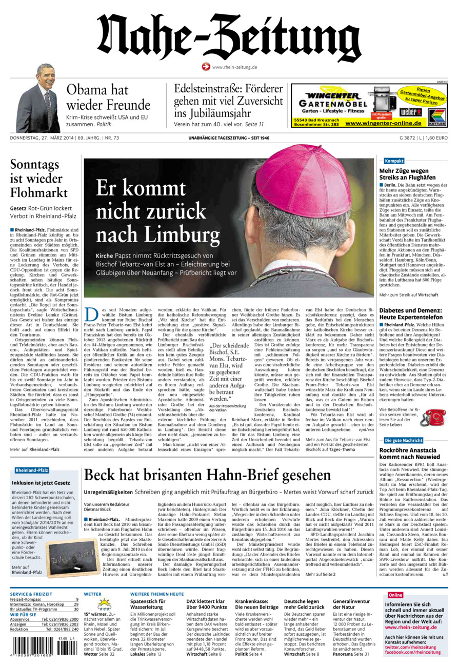 Nahe-Zeitung vom Donnerstag, 27.03.2014