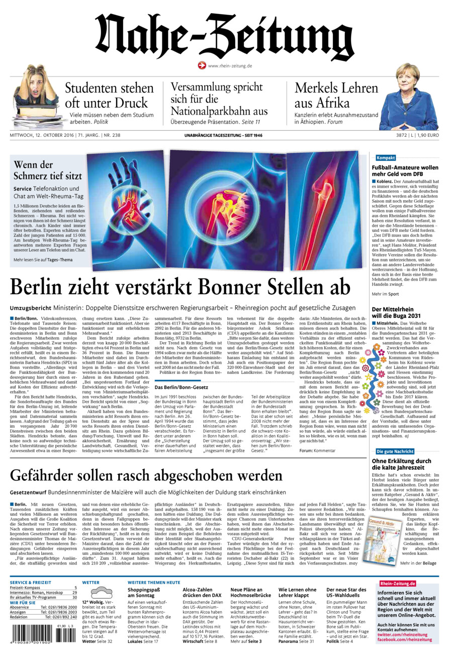 Nahe-Zeitung vom Mittwoch, 12.10.2016