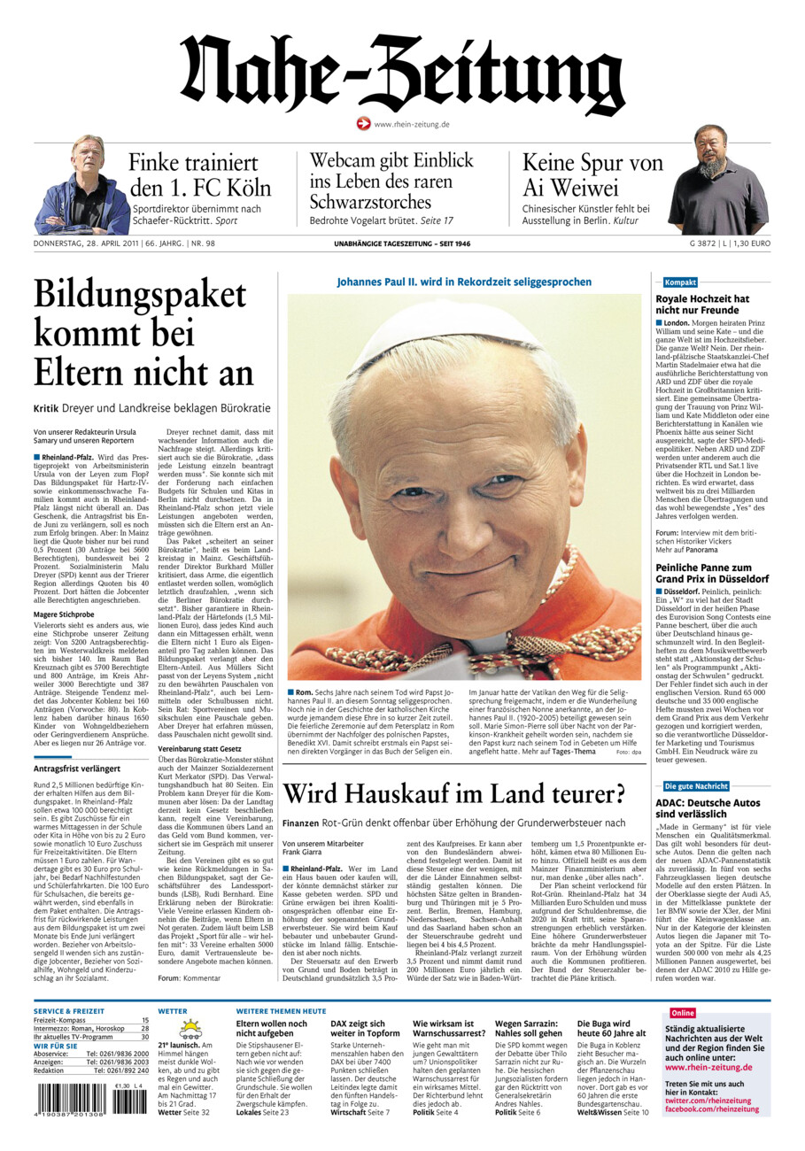 Nahe-Zeitung vom Donnerstag, 28.04.2011