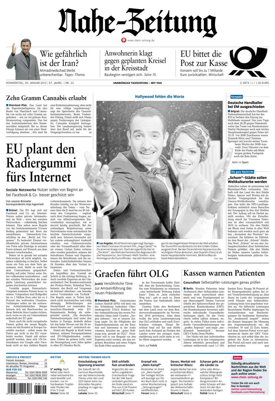 Nahe-Zeitung vom Donnerstag, 26.01.2012