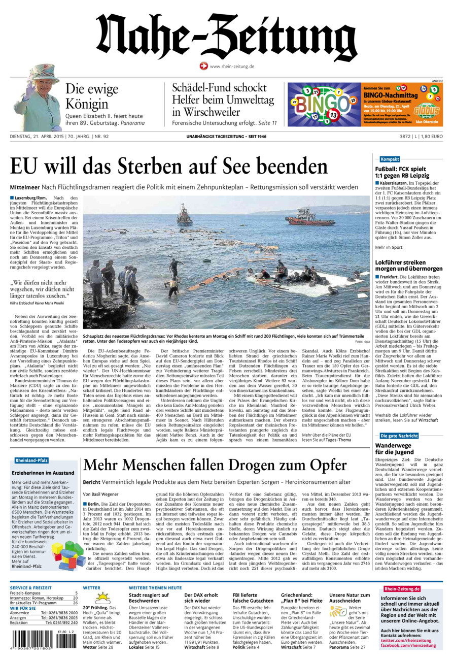 Nahe-Zeitung vom Dienstag, 21.04.2015