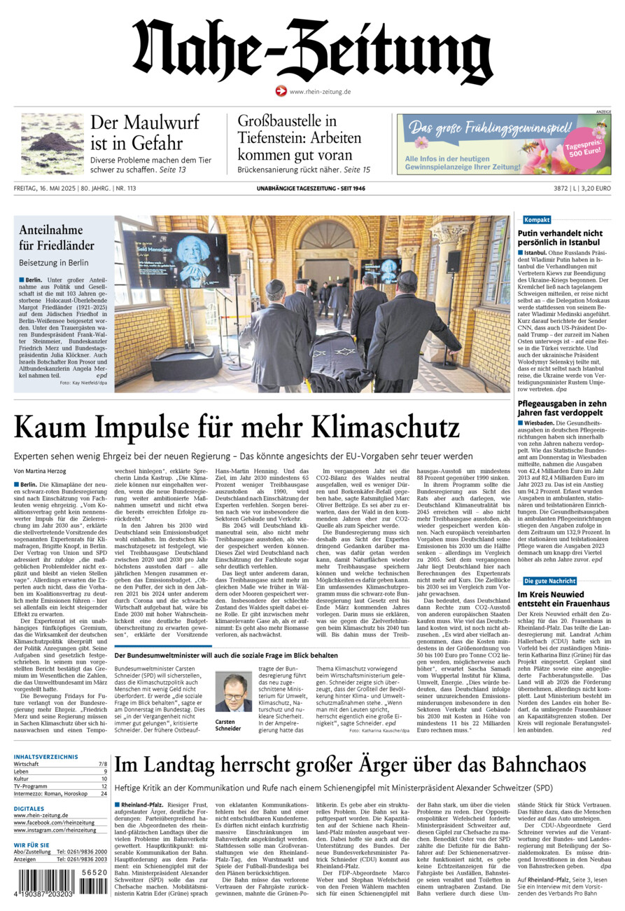 Nahe-Zeitung vom Freitag, 16.05.2025