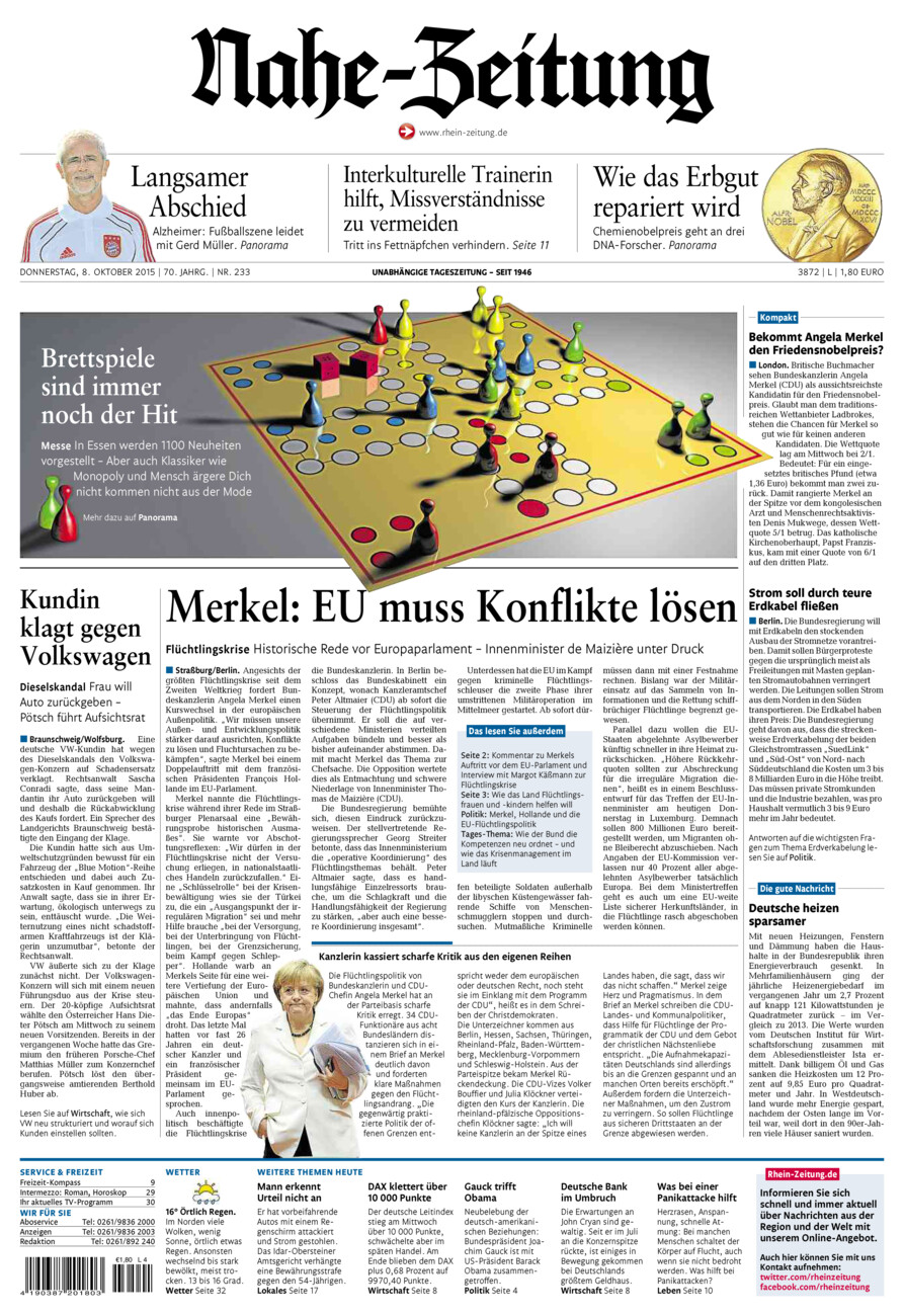 Nahe-Zeitung vom Donnerstag, 08.10.2015