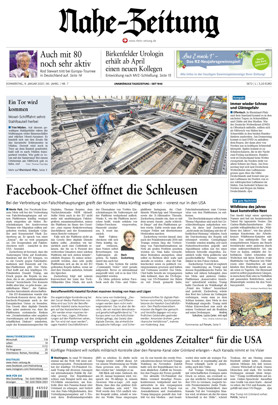 Nahe-Zeitung vom Donnerstag, 09.01.2025