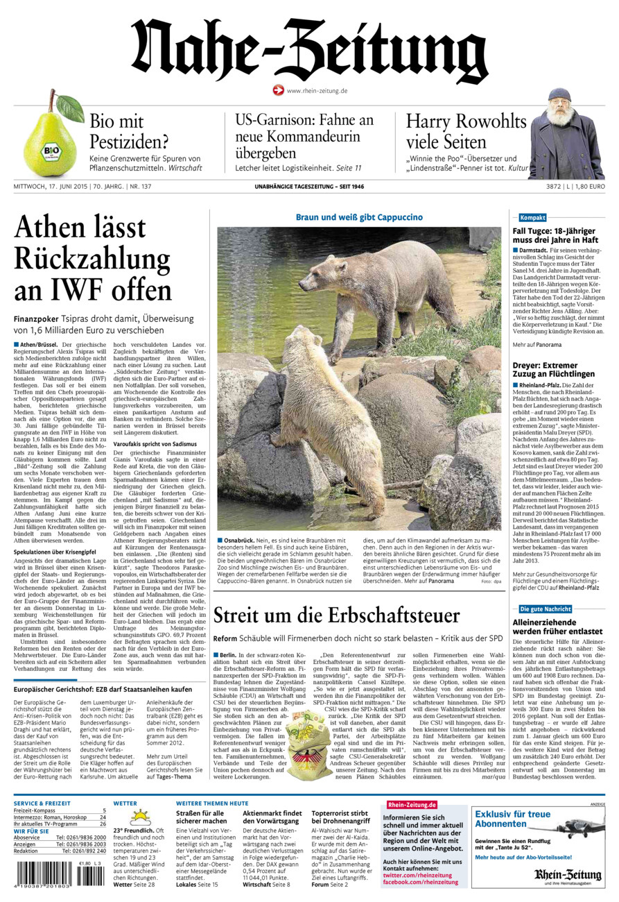 Nahe-Zeitung vom Mittwoch, 17.06.2015