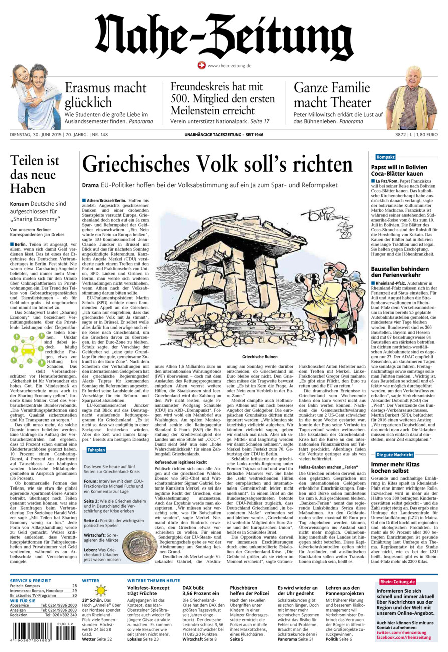 Nahe-Zeitung vom Dienstag, 30.06.2015