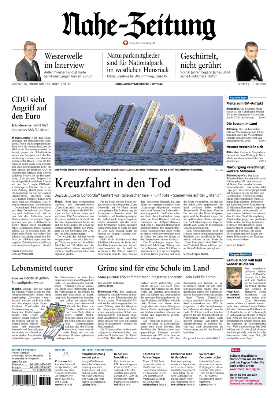 Nahe-Zeitung vom Montag, 16.01.2012