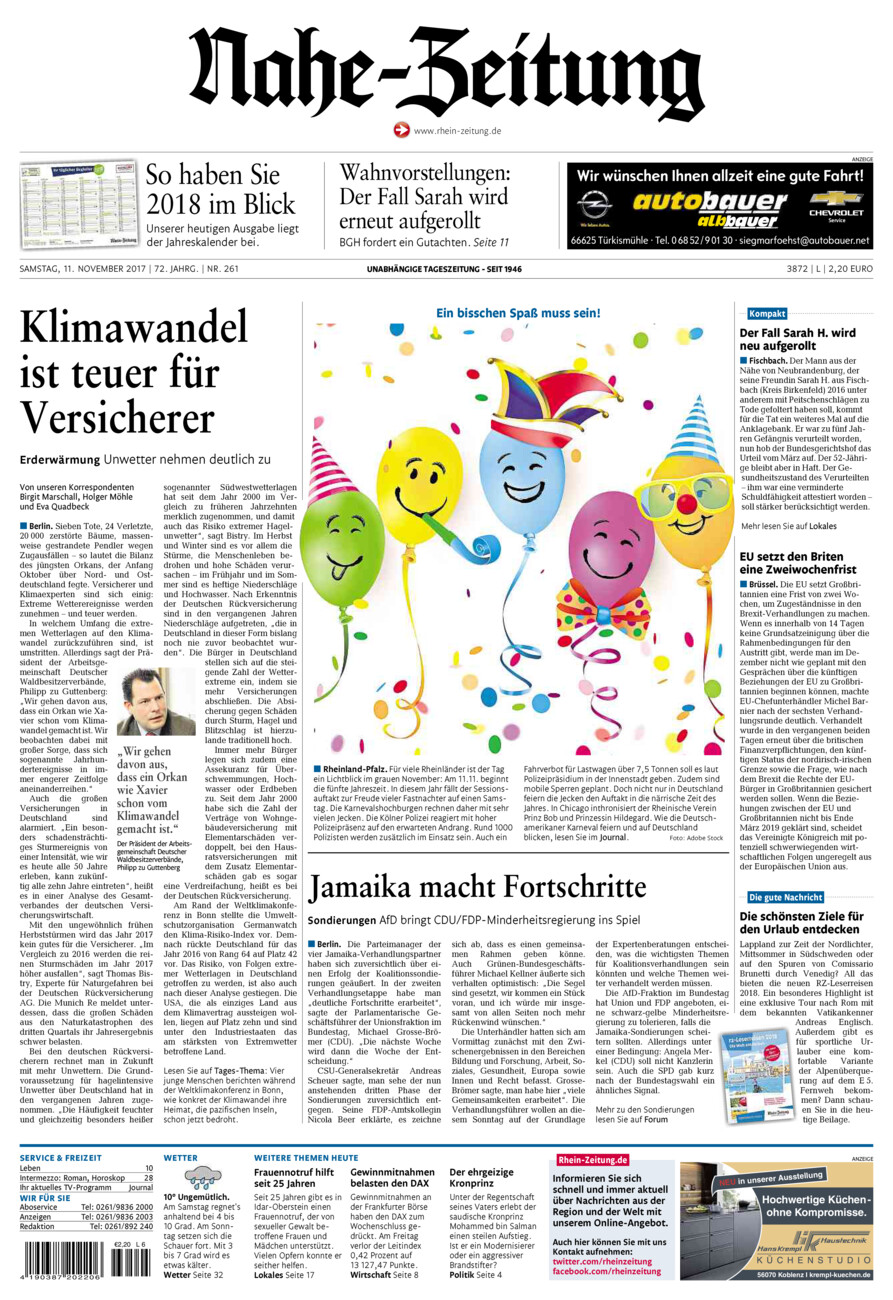 Nahe-Zeitung vom Samstag, 11.11.2017