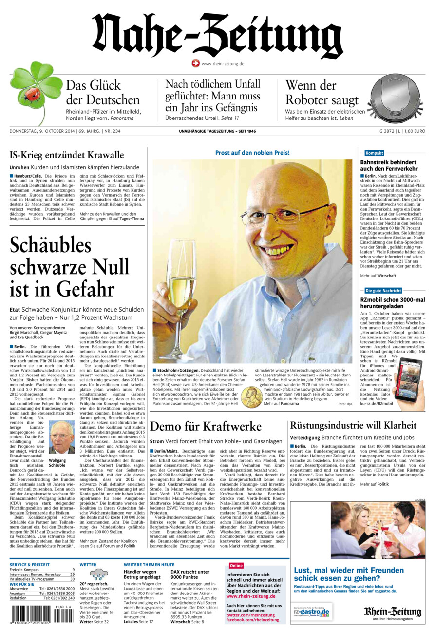 Nahe-Zeitung vom Donnerstag, 09.10.2014