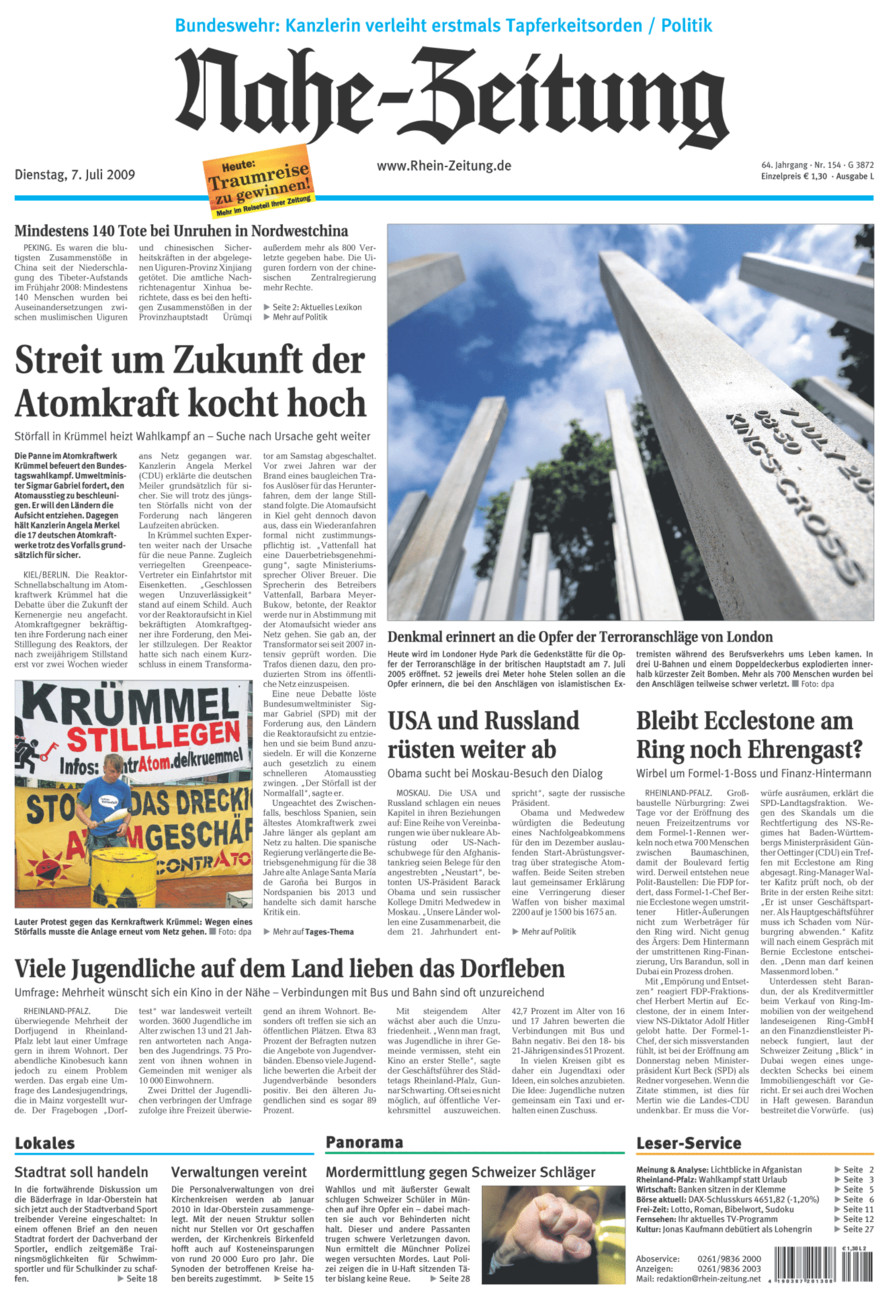 Nahe-Zeitung vom Dienstag, 07.07.2009