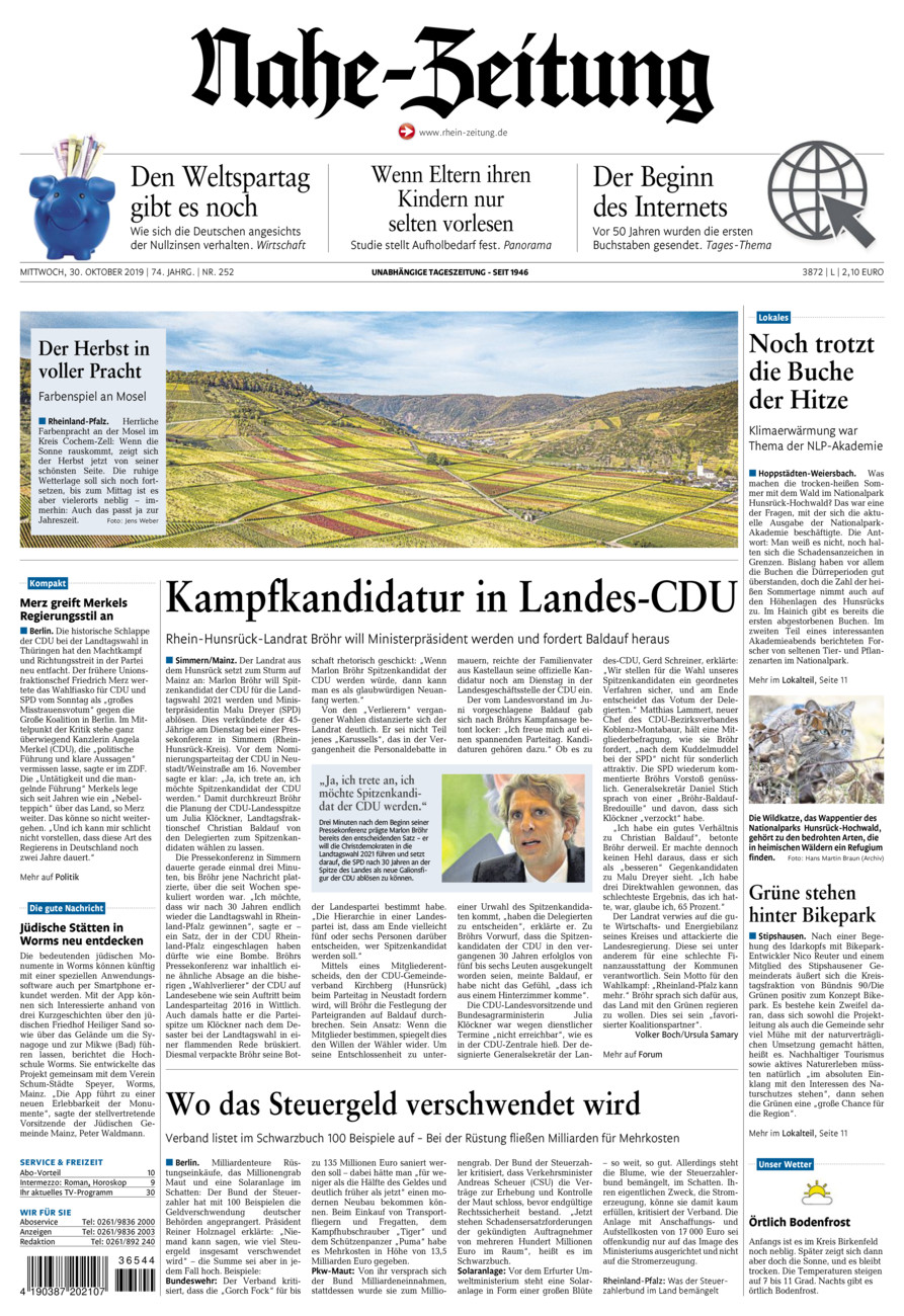 Nahe-Zeitung vom Mittwoch, 30.10.2019