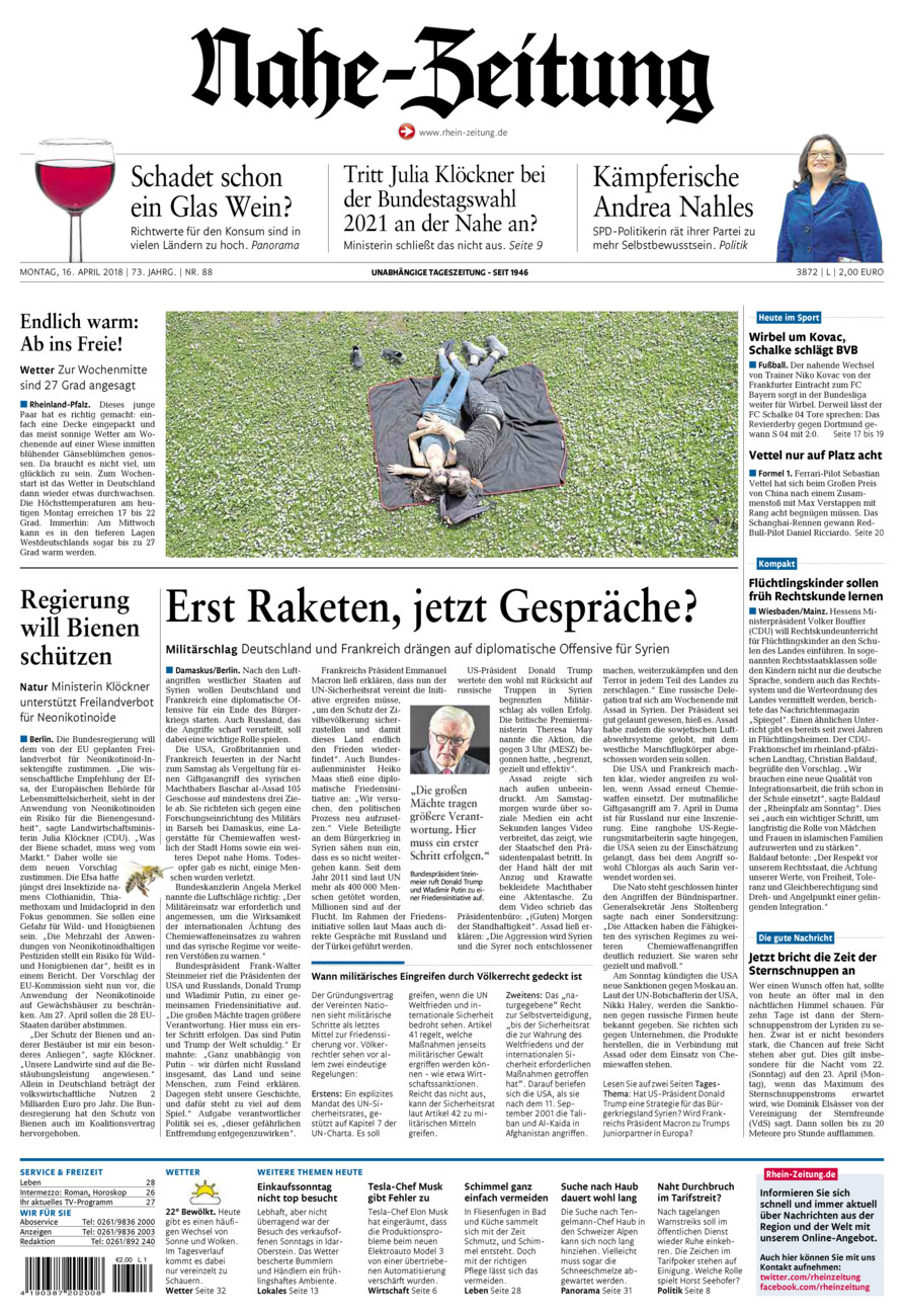 Nahe-Zeitung vom Montag, 16.04.2018
