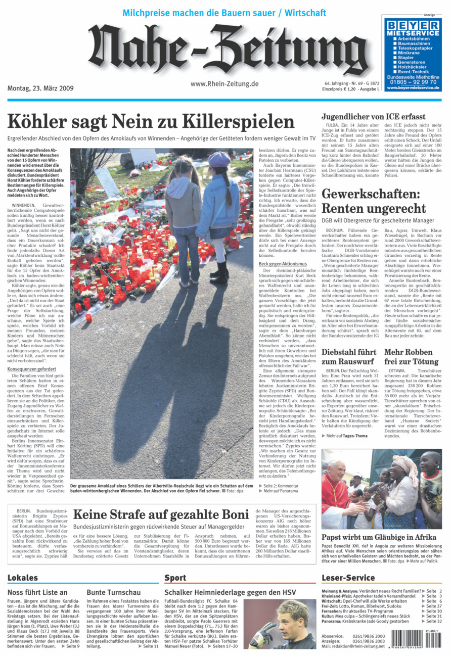 Nahe-Zeitung vom Montag, 23.03.2009