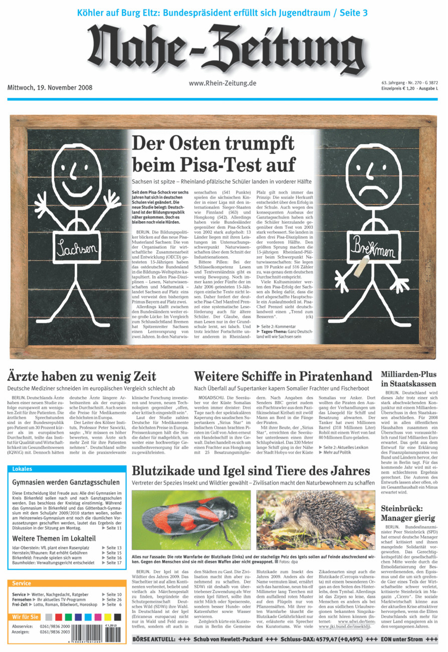 Nahe-Zeitung vom Mittwoch, 19.11.2008