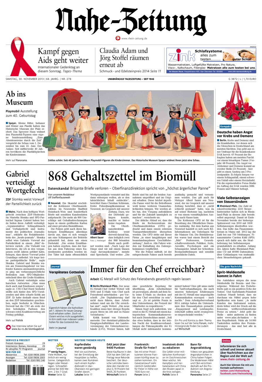 Nahe-Zeitung vom Samstag, 30.11.2013