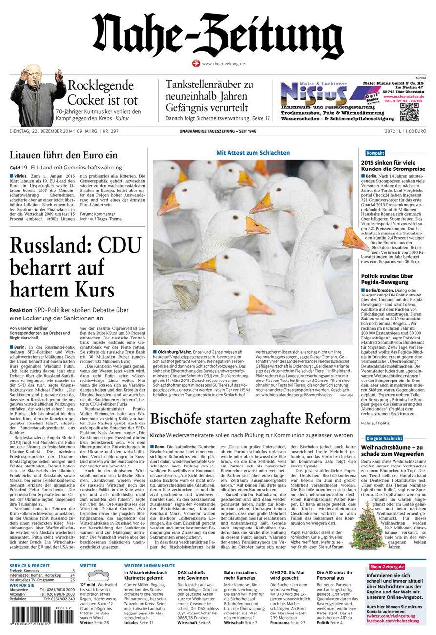 Nahe-Zeitung vom Dienstag, 23.12.2014