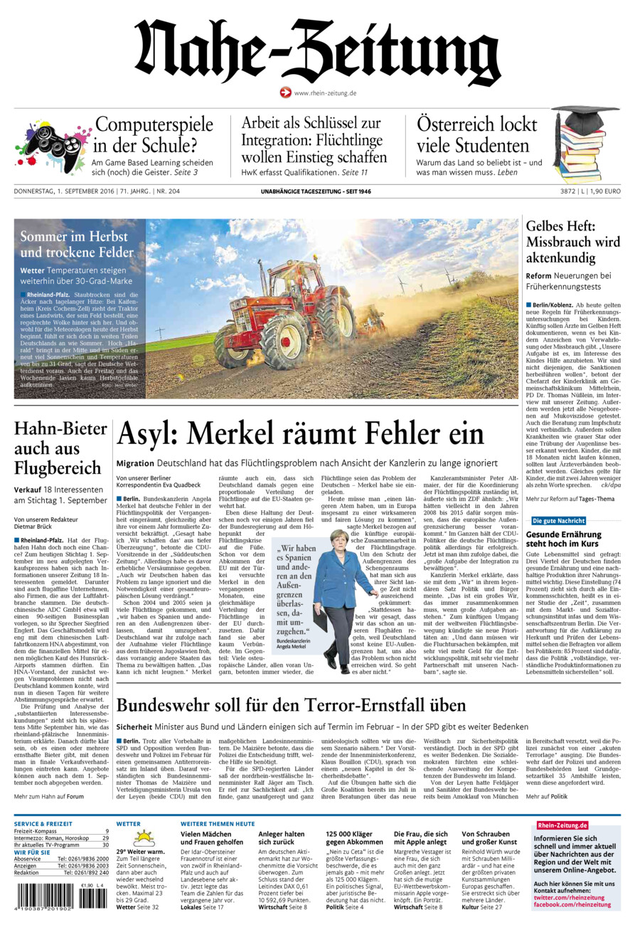 Nahe-Zeitung vom Donnerstag, 01.09.2016