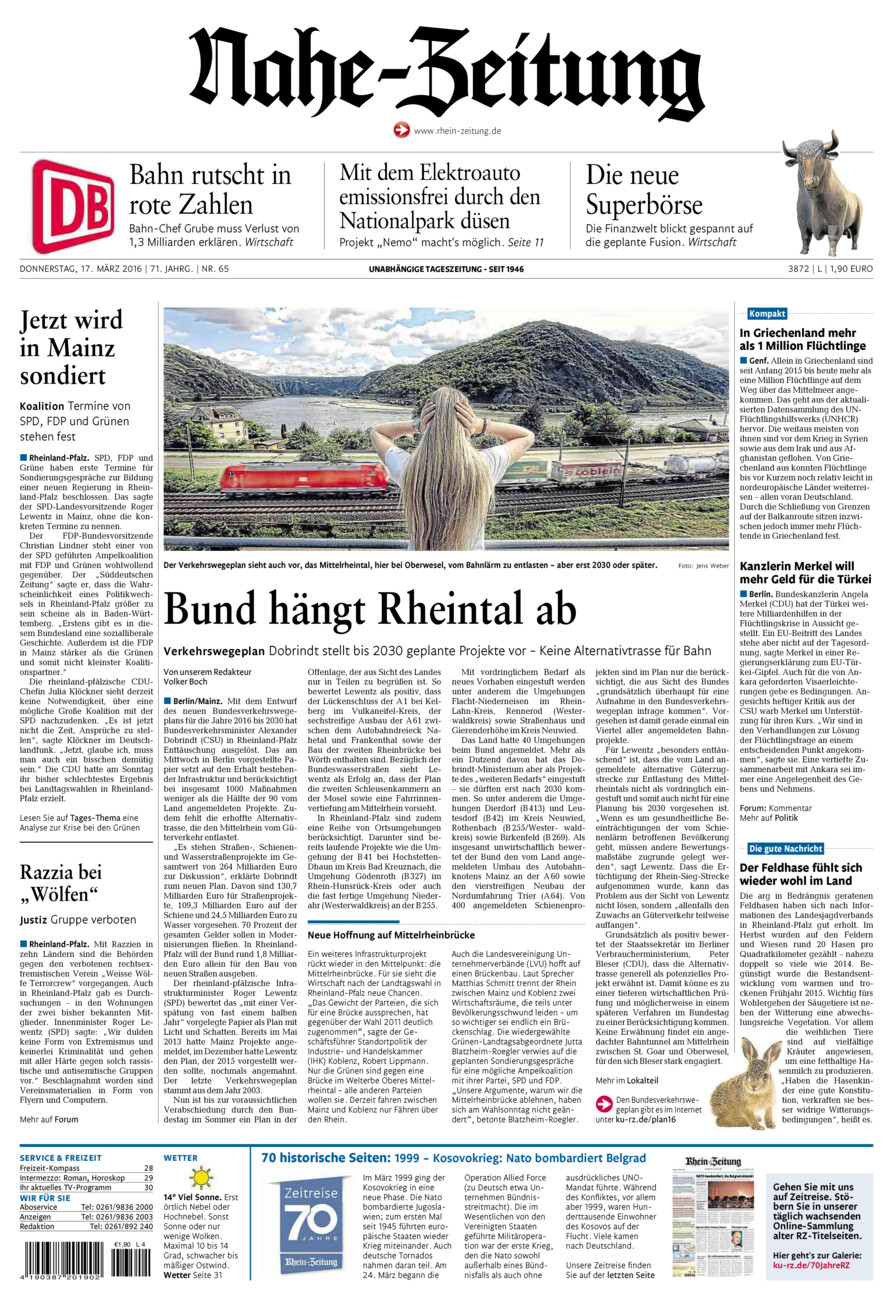 Nahe-Zeitung vom Donnerstag, 17.03.2016