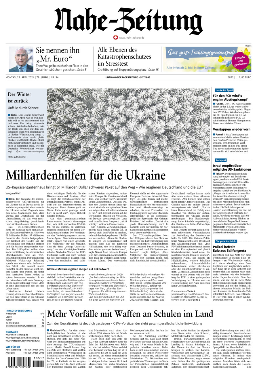 Nahe-Zeitung vom Montag, 22.04.2024